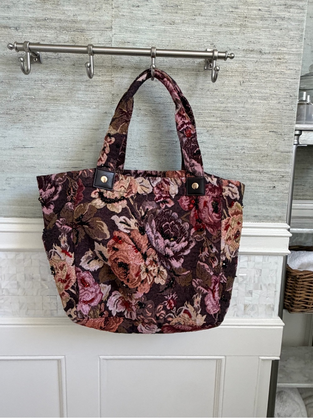 New Anthropologie Maeve Floral beaded Tote Bag brown pink tapestry embellished - Picture 11 of 15